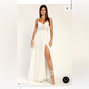 Lulus forever devoted white beaded pearl gown dress chiffon size small